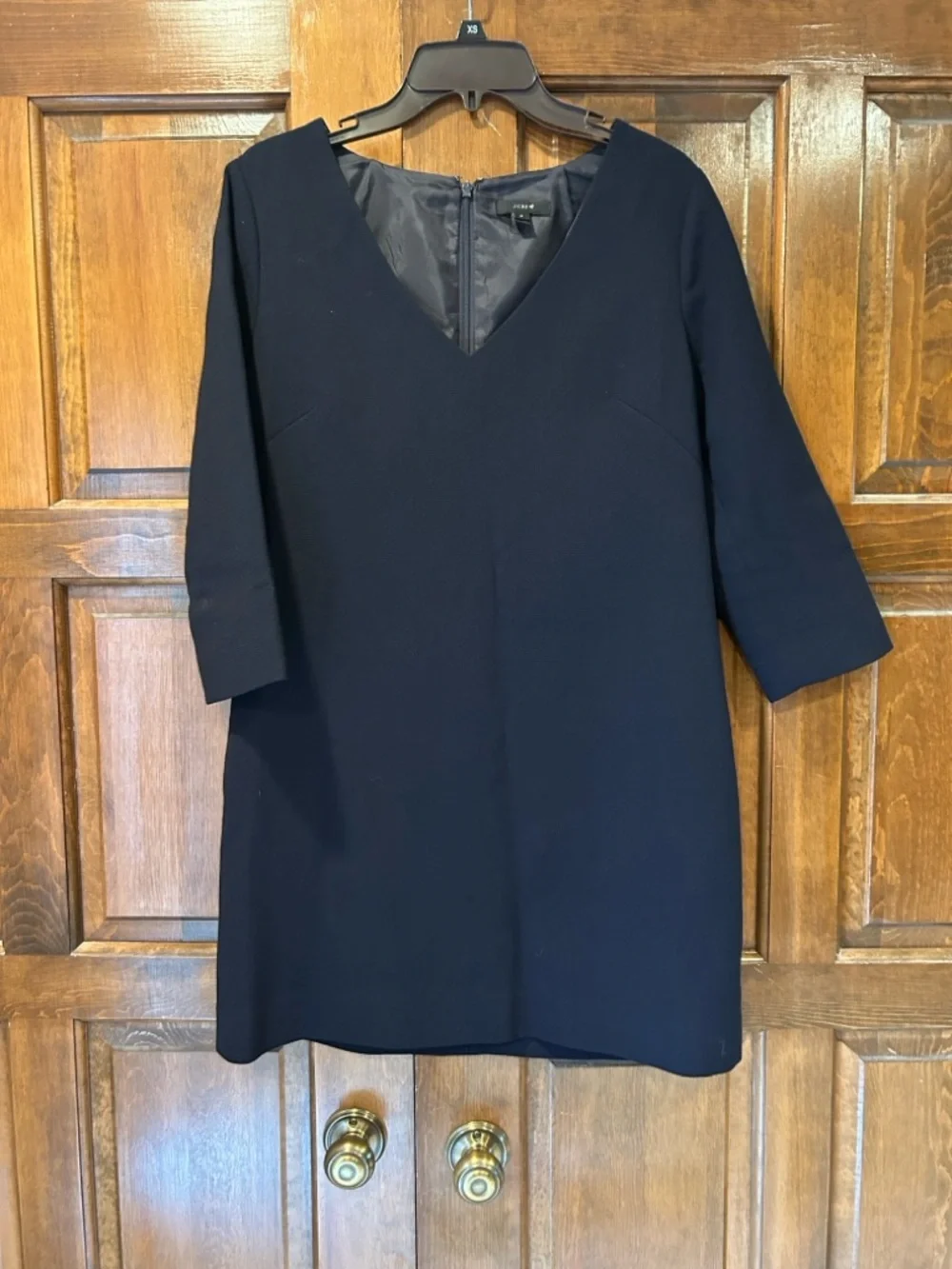 J. Crew Size 6 Navy Blue Wool Crepe V-Neck Shift Dress 3/4 Sleeve‎ Lined 97450